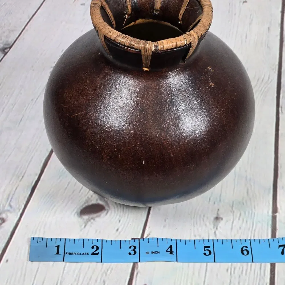 Vintage Dark Brown Gourd Vase‎ Decorative Rustic Woven Neck Accent - Picture 7 of 8